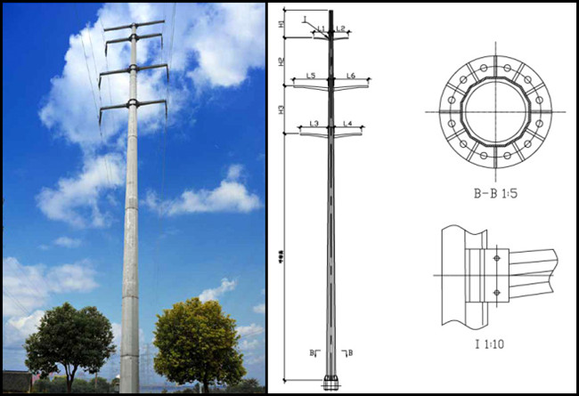 16sides 70ft の鋼鉄上の版が付いている補助的な stational の配分ラインのための 135kv 電圧鋼鉄電信柱 1